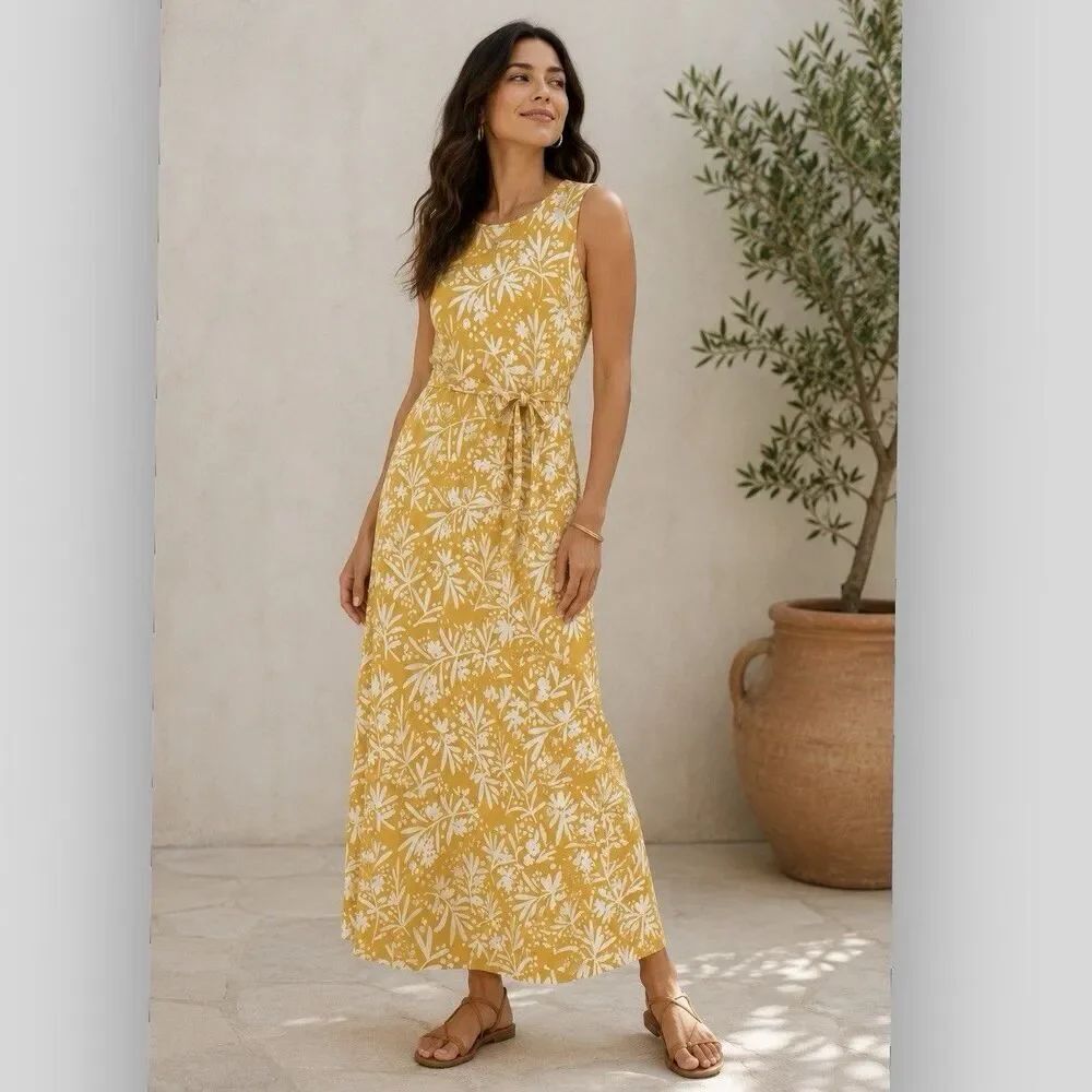 Garnet Hill Floral Maxi Dress Small NWOT Yellow Sleeveless Tie Waist Tencel